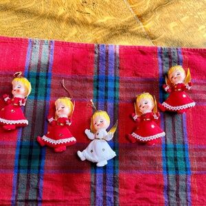 Set 5 Vintage Flocked Angel Ornaments For Christmas Tree
